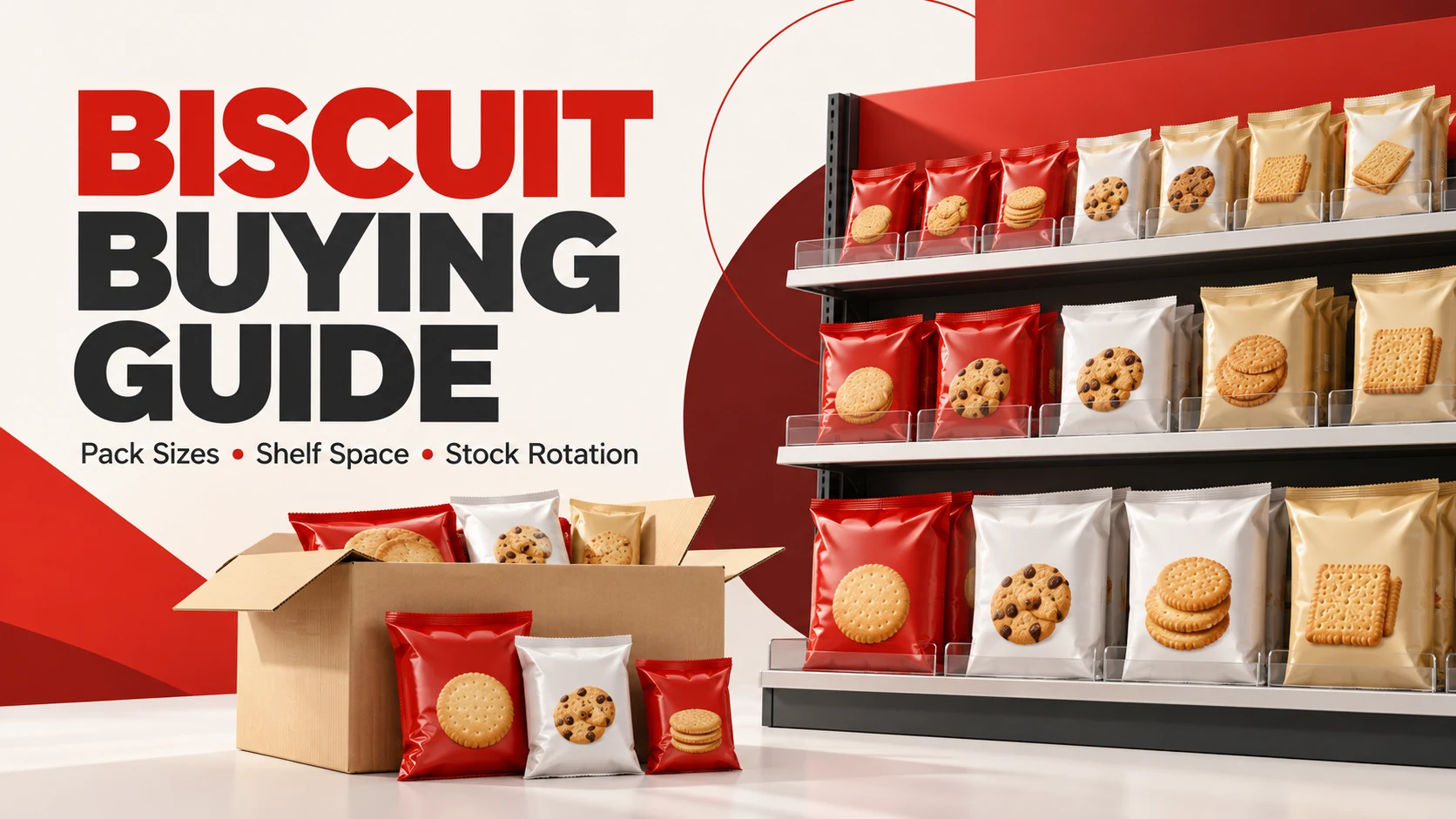 Modern red biscuit buying guide illustration showing generic biscuit packs, shelf space and a wholesale carton
