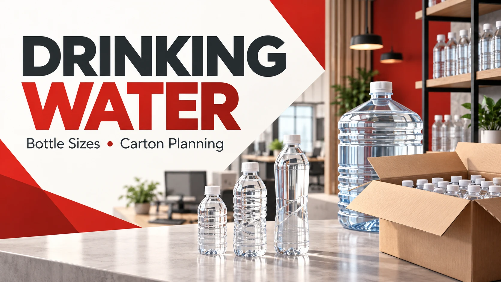 Modern red drinking water buying guide illustration with generic sealed bottles in different sizes and an open carton