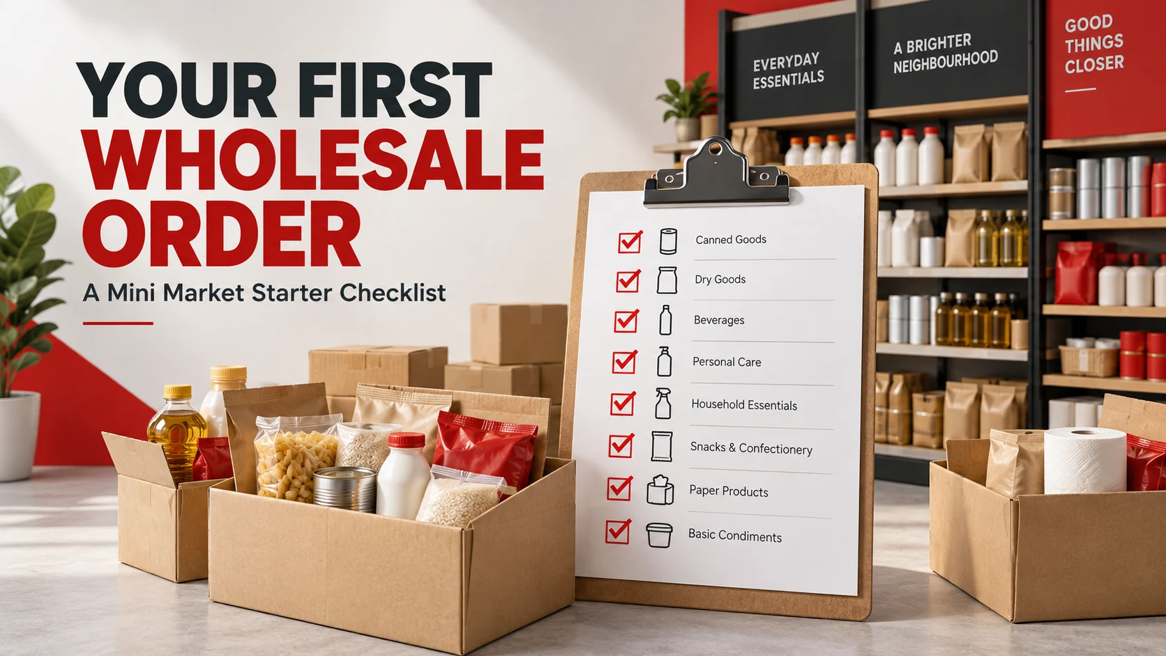 First wholesale FMCG order checklist illustration with red checkmarks, generic grocery cartons and mini market shelves