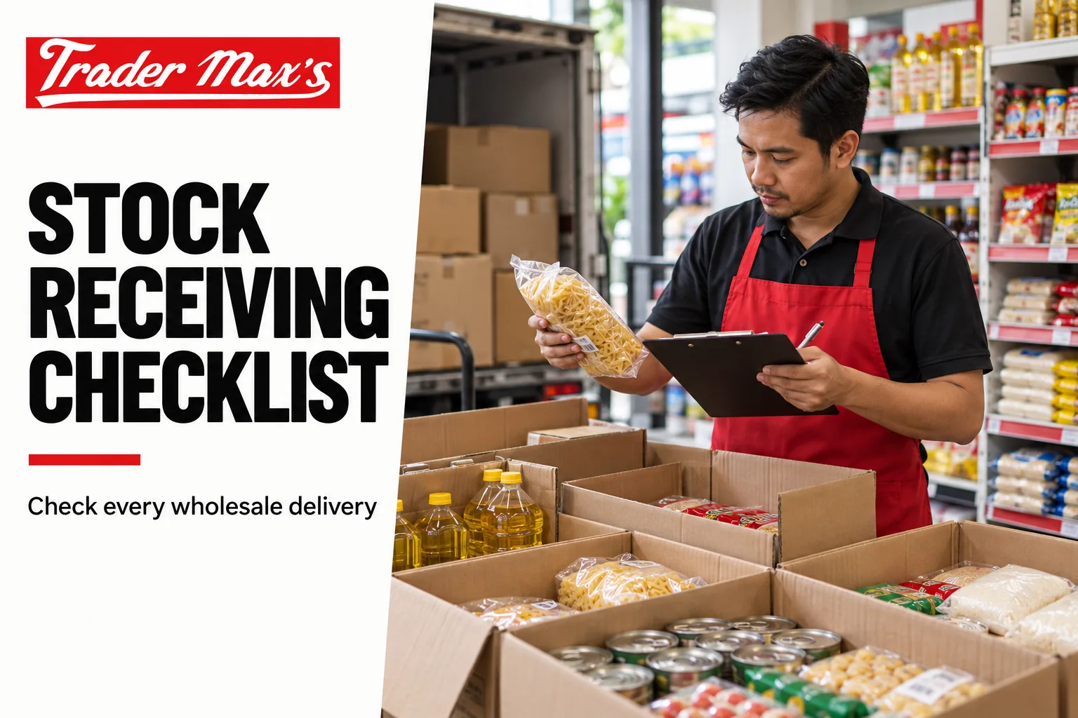 Mini market retailer checking wholesale grocery deliveries against a stock receiving checklist